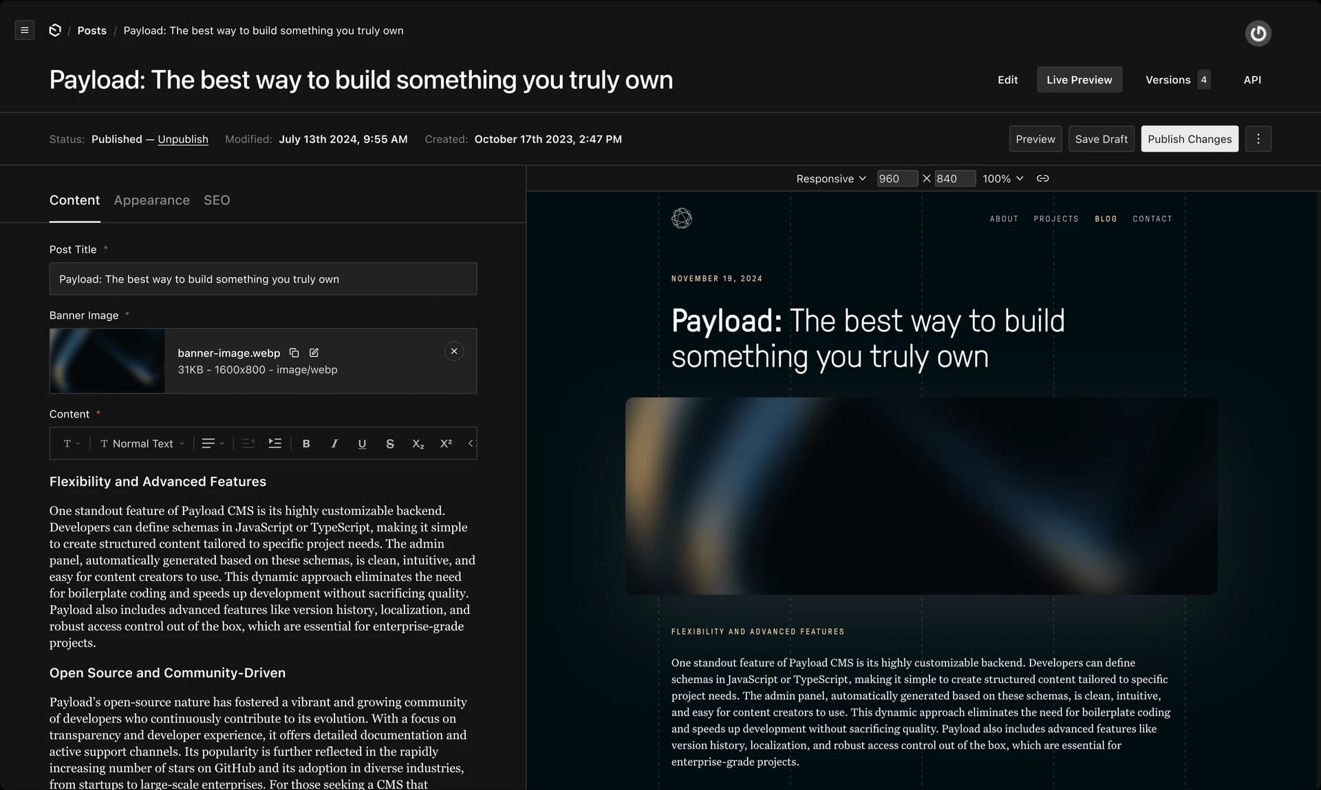 Payload CMS admin dashboard showing a post editor with a live preview panel